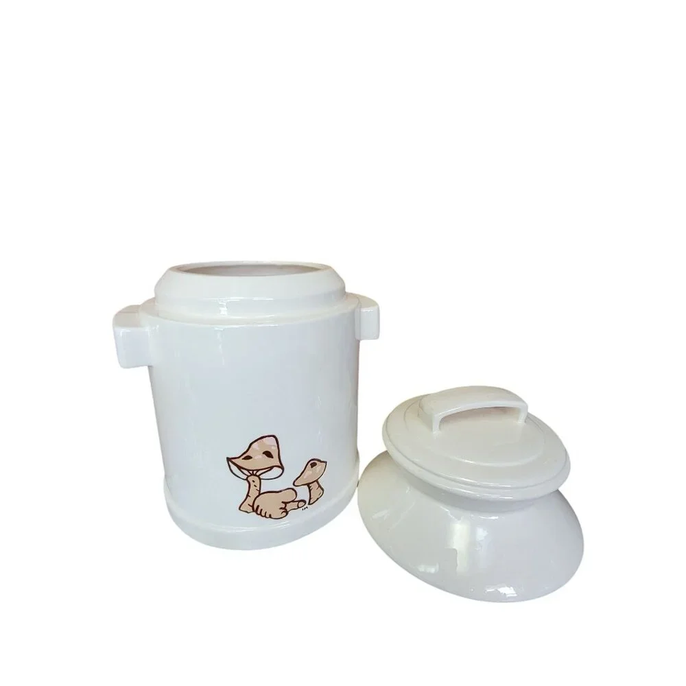 White‎ Ceramic Milk Can Style Cookie Jar Mushroom Design Handles MCM